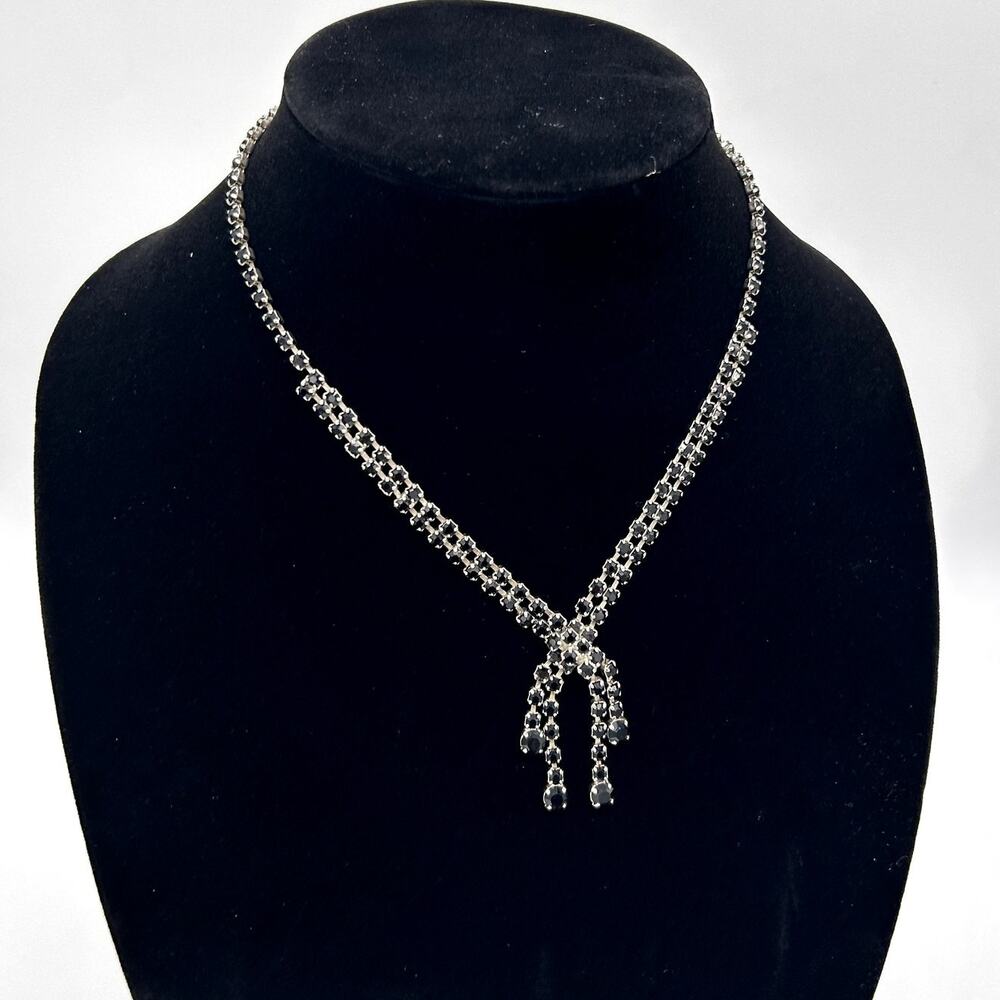 Vintage Rhinestone Necklace Black Crystal Style Silver Tone Lariat Y Drop Retro